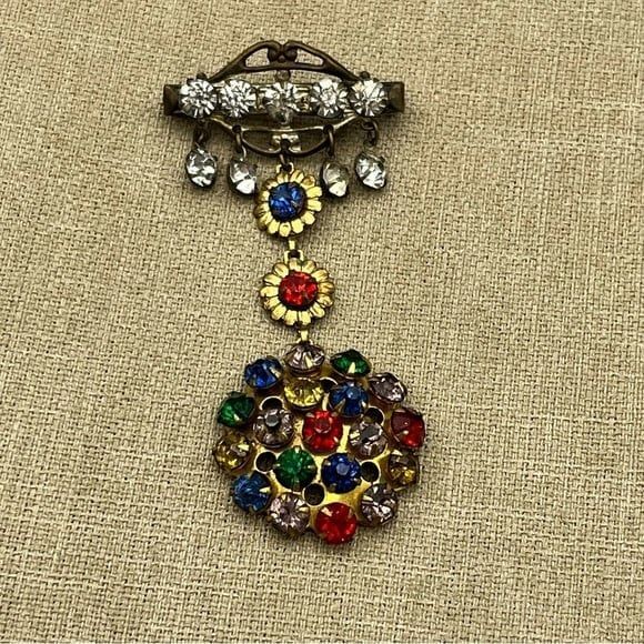 Vintage unique glass rhinestone gold tone and silver tone brooch - Picture 3 of 10